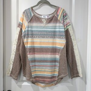 JODY CALI Colorful Native Aztec Striped Long Sleeve, French Terry, Lace, XL